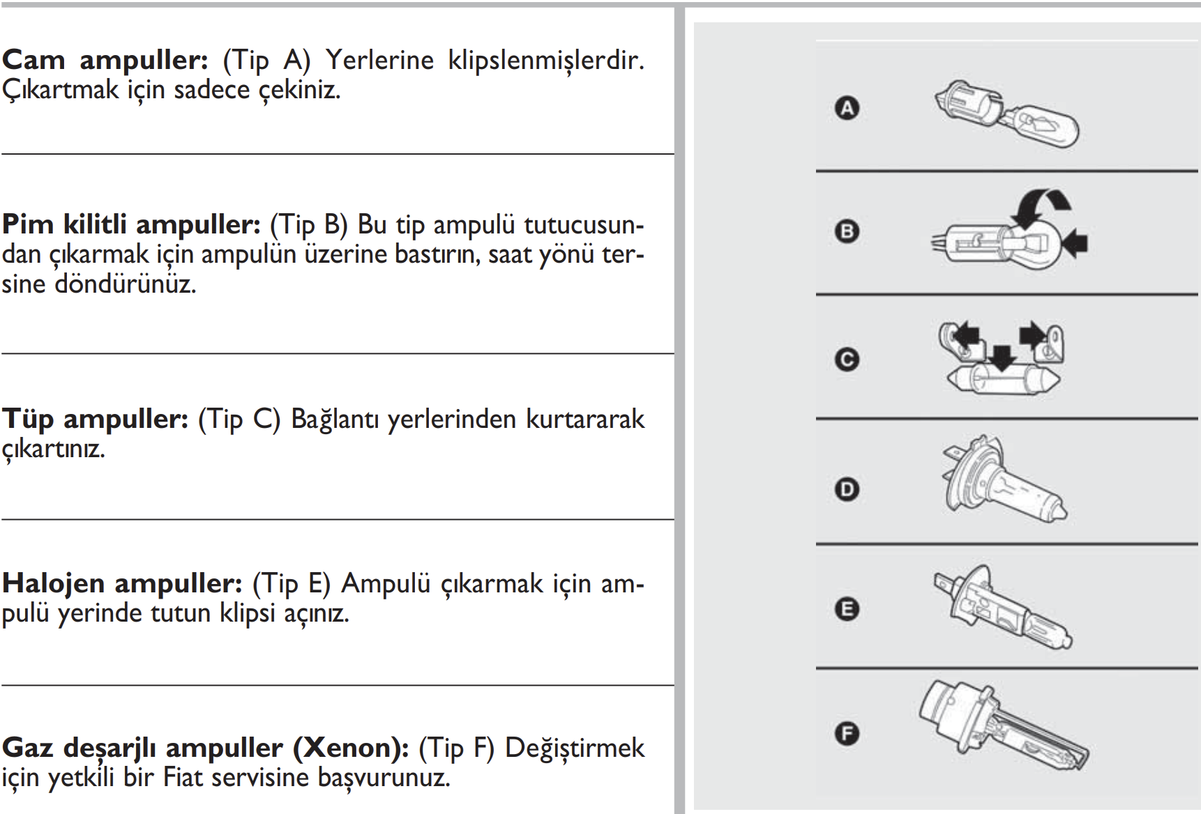 Ampul referans şekilleri (A, B, C, D, E, F)